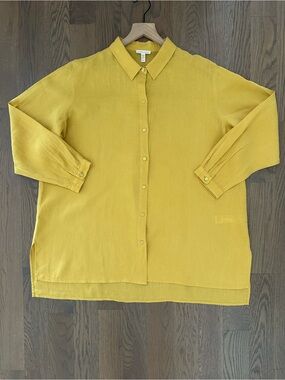 Eileen Fisher Organic Linen Délavé Classic Collar Shirt in Goldenrod Yellow XL
